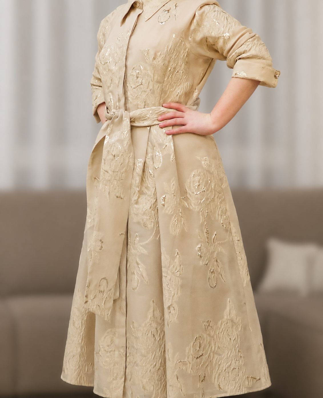 Beige and gold ankle length gown – Antwerp Gown Rental