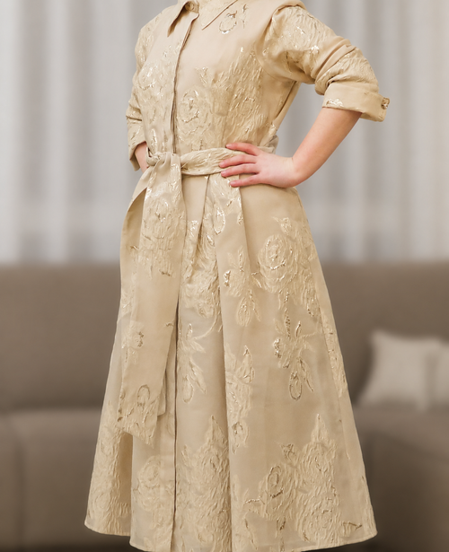 Beige and gold ankle length gown