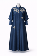 Blue satin gown with beaded bows