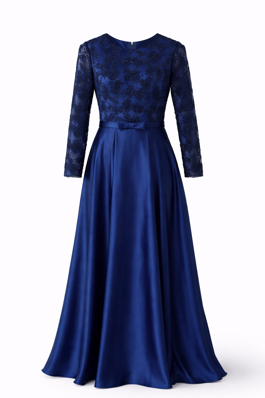 Navy satin lace gown
