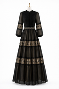 Gold trimmed black tiered maxi gown
