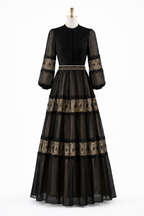 Gold trimmed black tiered maxi gown